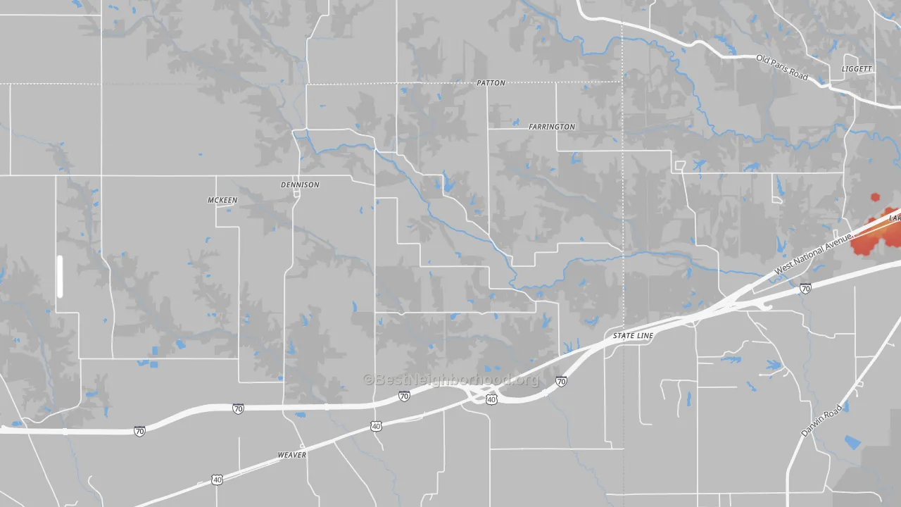 Walk Grade map of Dennison, IL, walkable areas in green and car-dependent areas in red