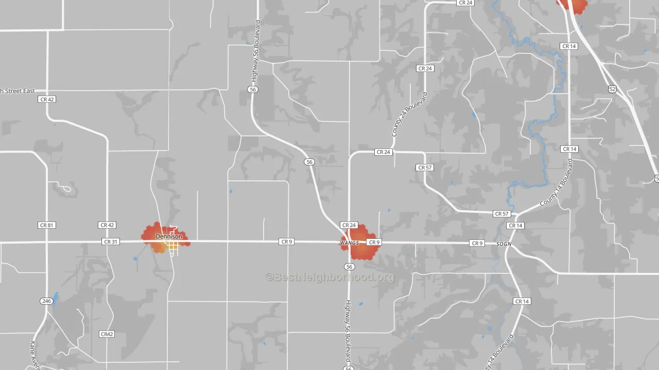 Walk Grade map of Dennison, MN, walkable areas in green and car-dependent areas in red