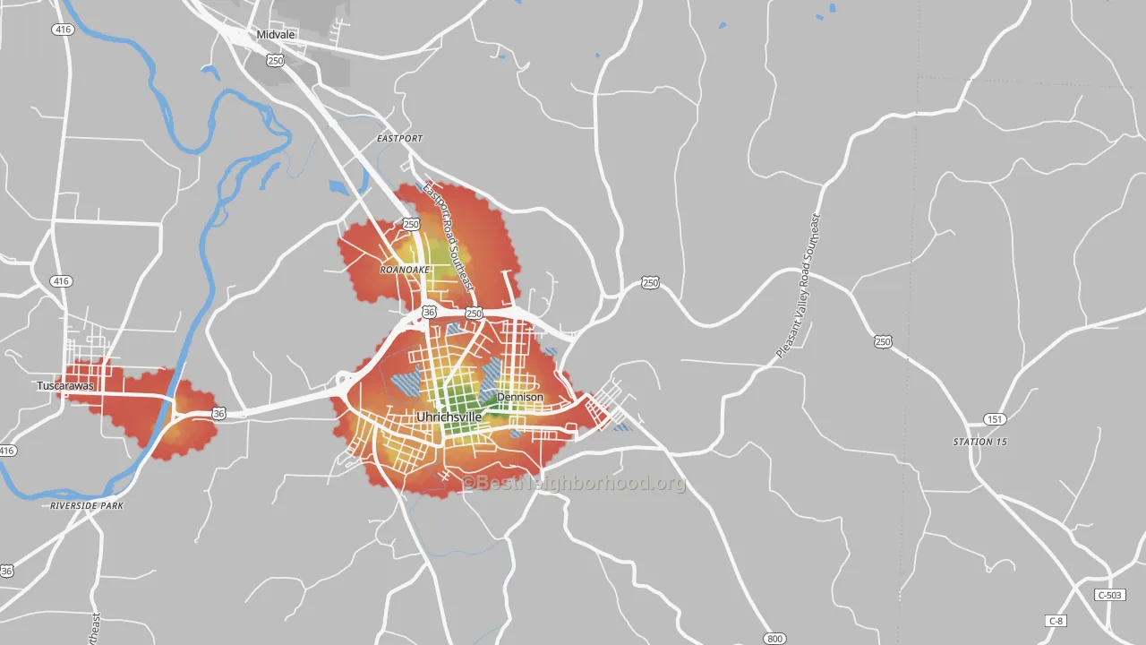 Walk Grade map of Dennison, OH, walkable areas in green and car-dependent areas in red