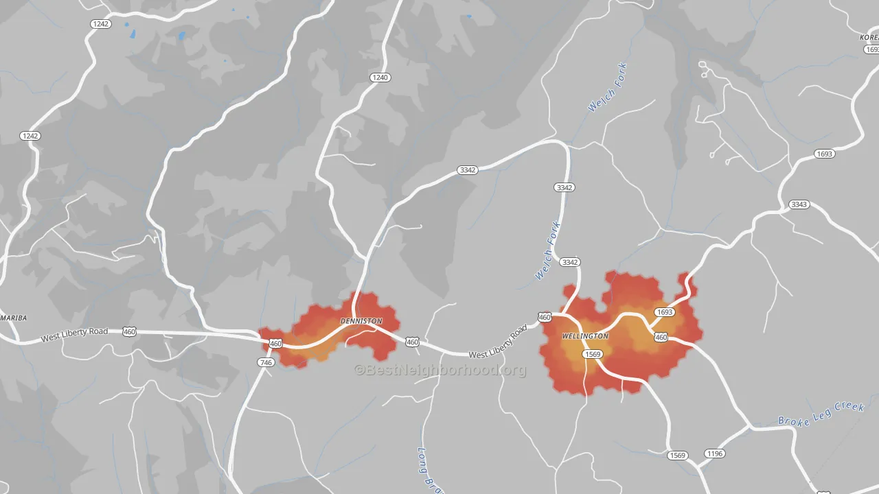 Walk Grade map of Denniston, KY, walkable areas in green and car-dependent areas in red