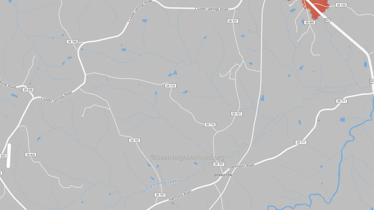 Walk Grade map of Denniston, VA, walkable areas in green and car-dependent areas in red