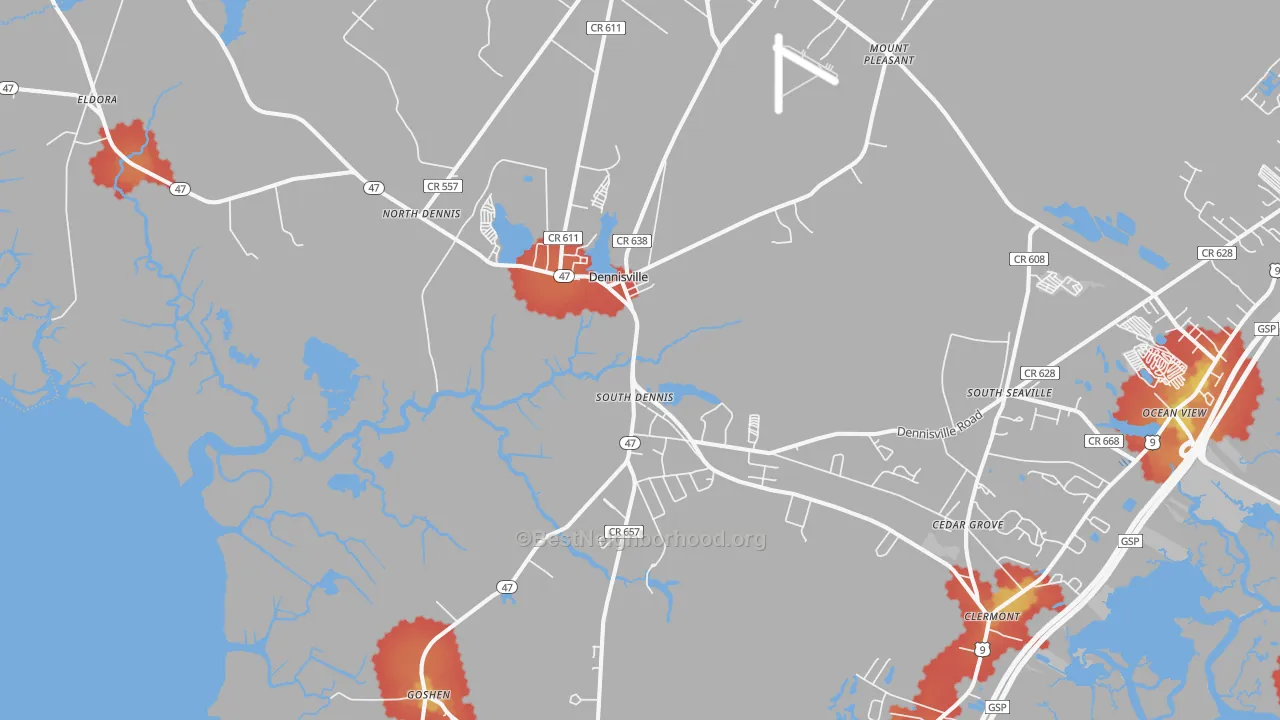 Walk Grade map of Dennisville, NJ, walkable areas in green and car-dependent areas in red