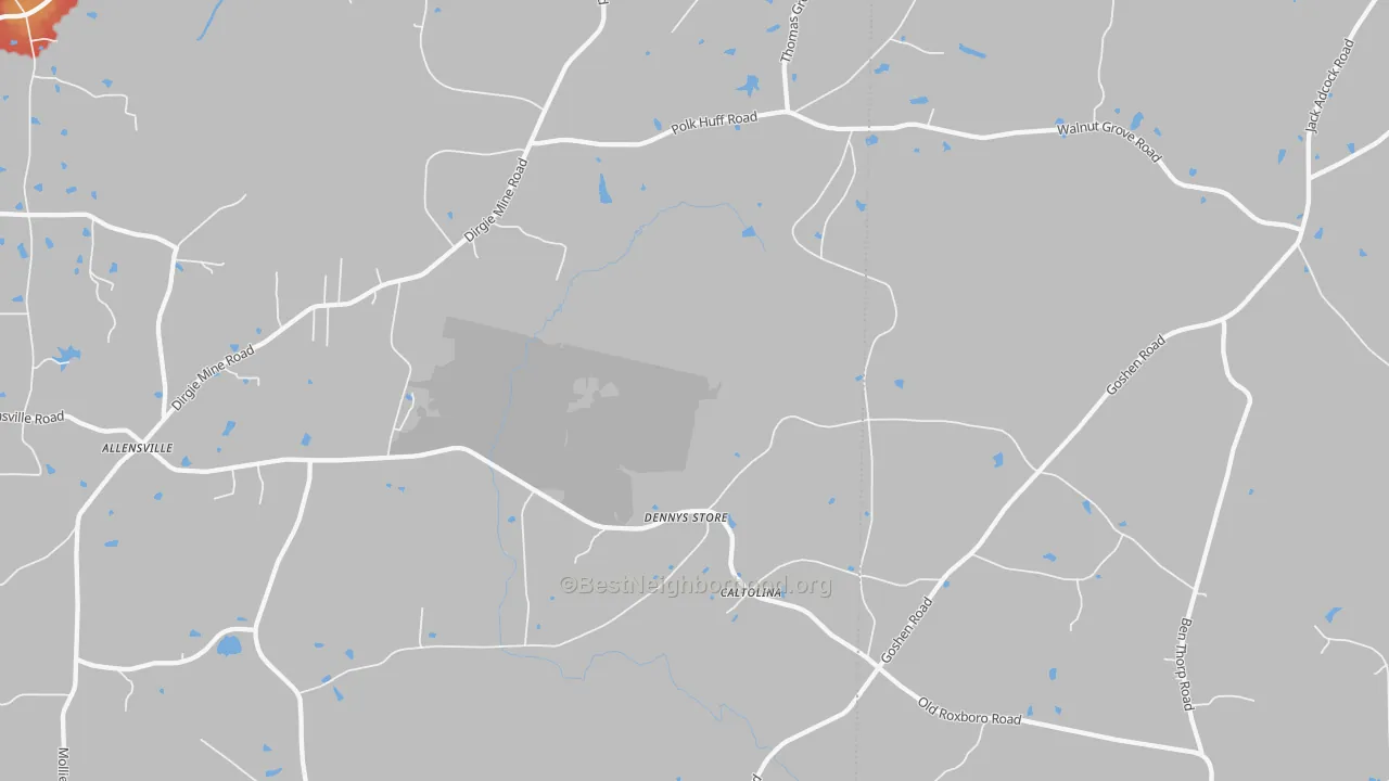 Walk Grade map of Denny Store, NC, walkable areas in green and car-dependent areas in red