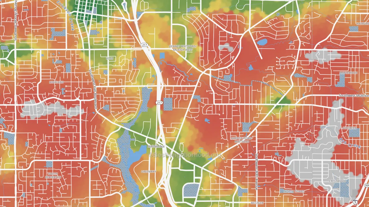 Walk Grade map of Denny Whitford, Beaverton, OR, walkable areas in green and car-dependent areas in red