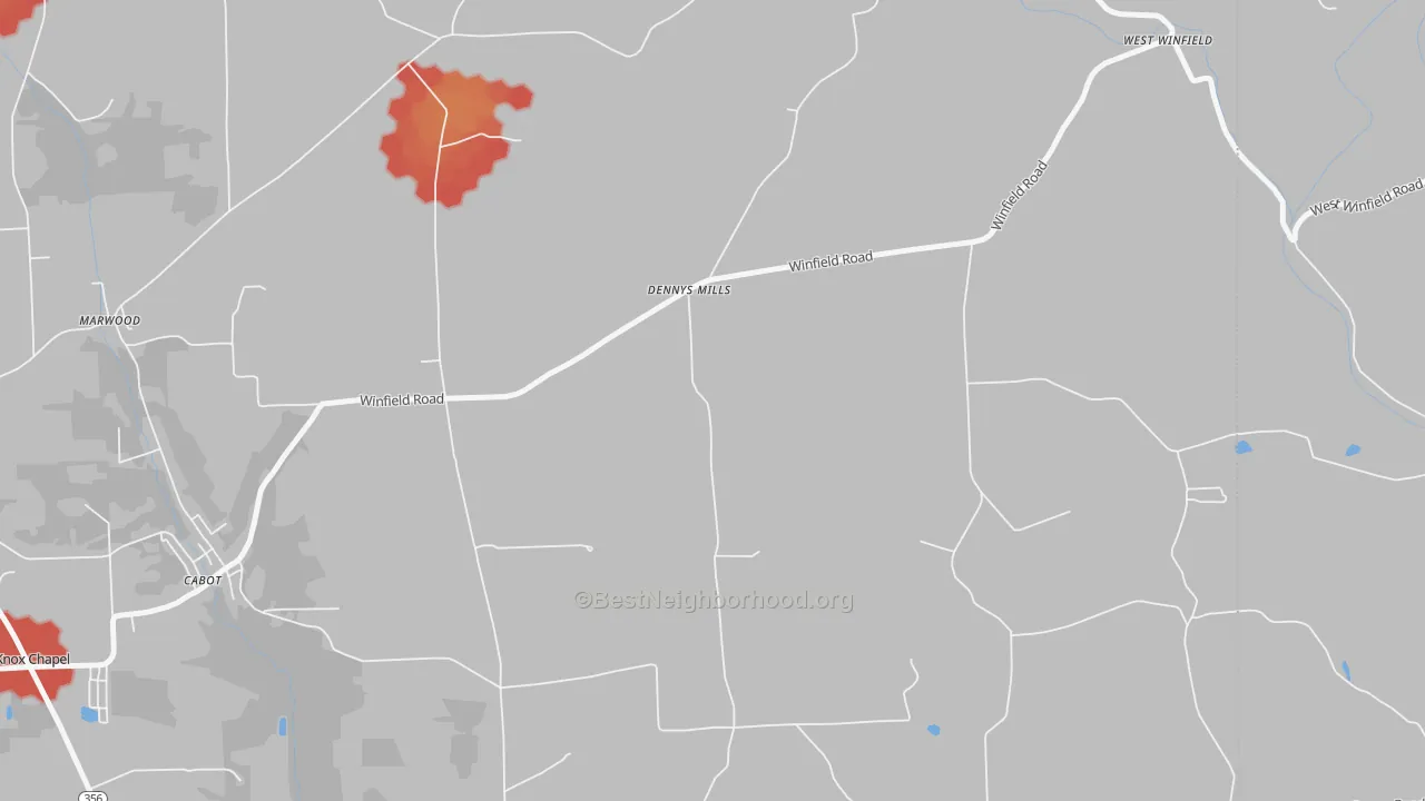 Walk Grade map of Dennys Mill, PA, walkable areas in green and car-dependent areas in red