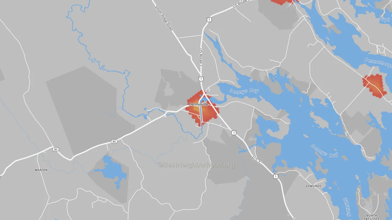 Walk Grade map of Dennysville, ME, walkable areas in green and car-dependent areas in red