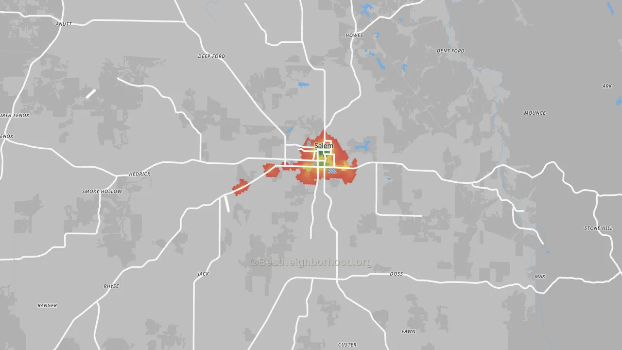 Walk Grade map of Dent County, MO, walkable areas in green and car-dependent areas in red