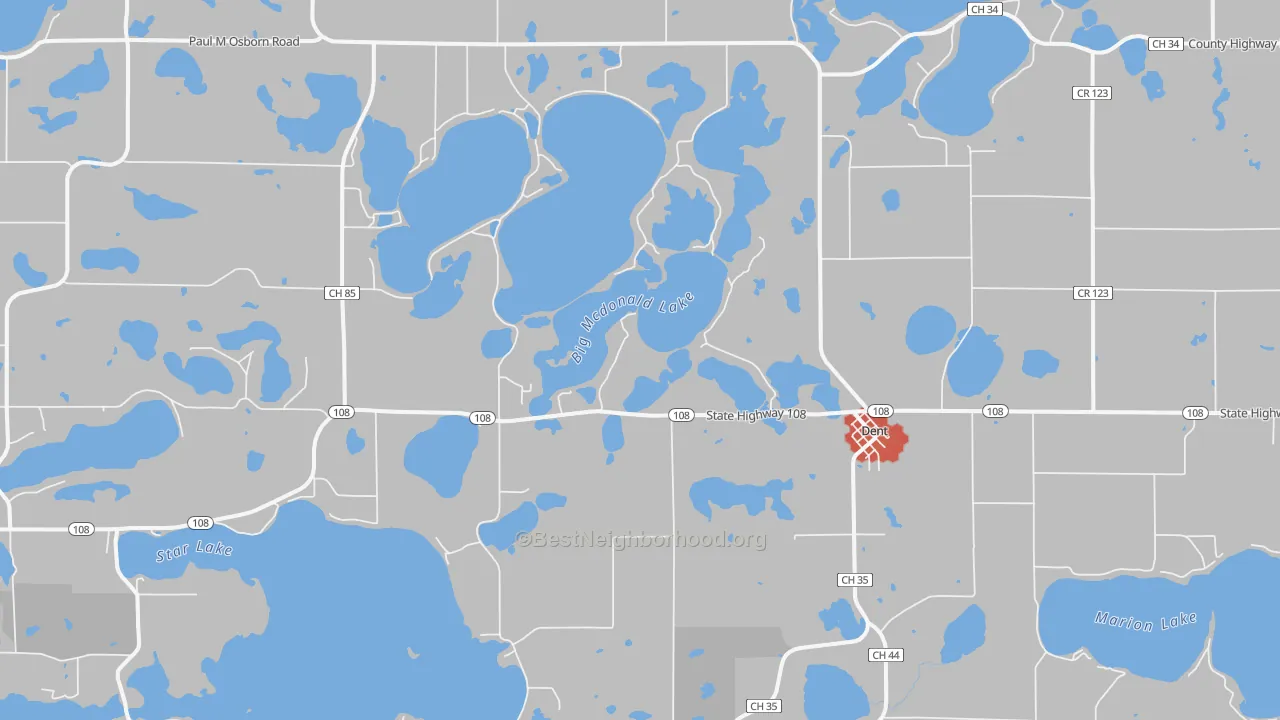 Walk Grade map of Dent, MN, walkable areas in green and car-dependent areas in red