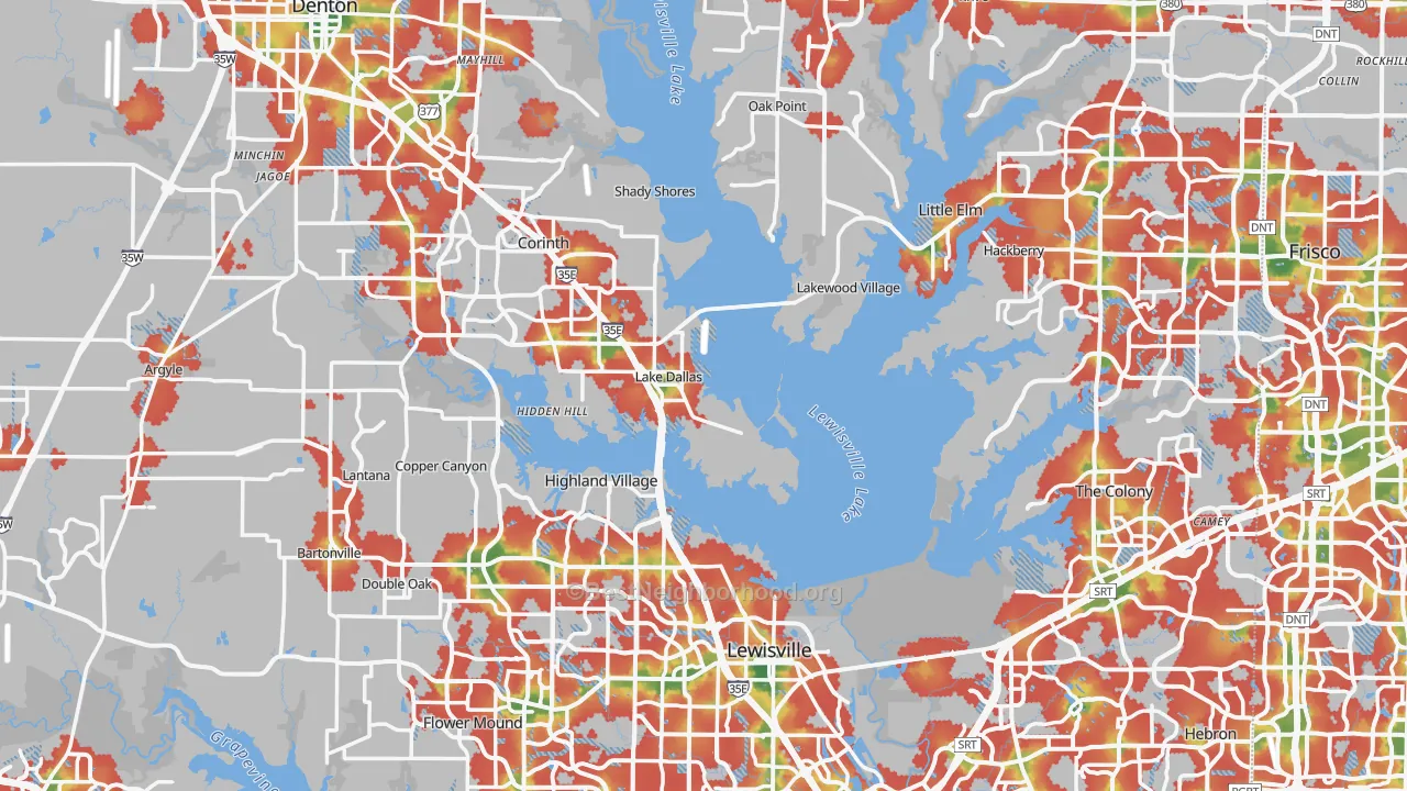 Walk Grade map of Denton County, TX, walkable areas in green and car-dependent areas in red