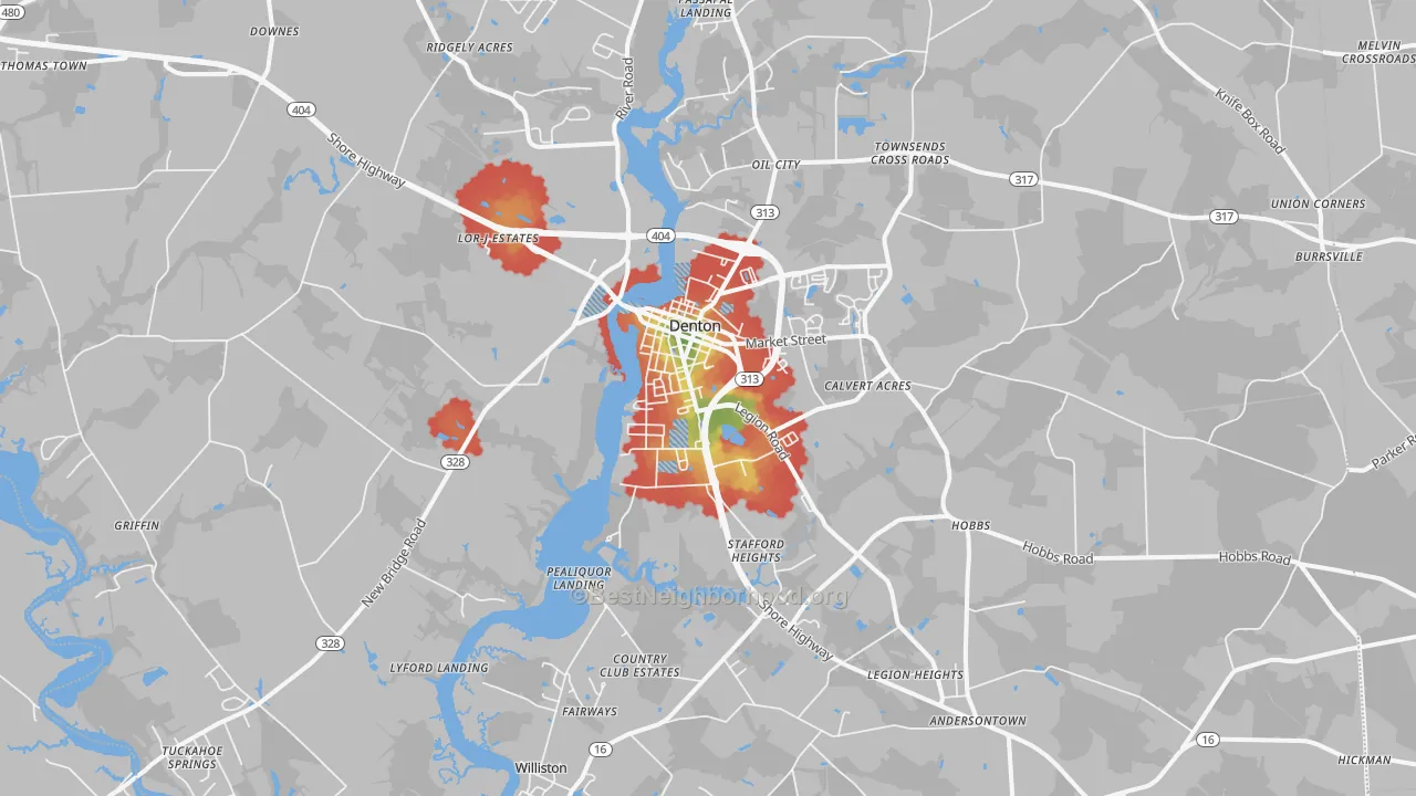 Walk Grade map of Denton, MD, walkable areas in green and car-dependent areas in red