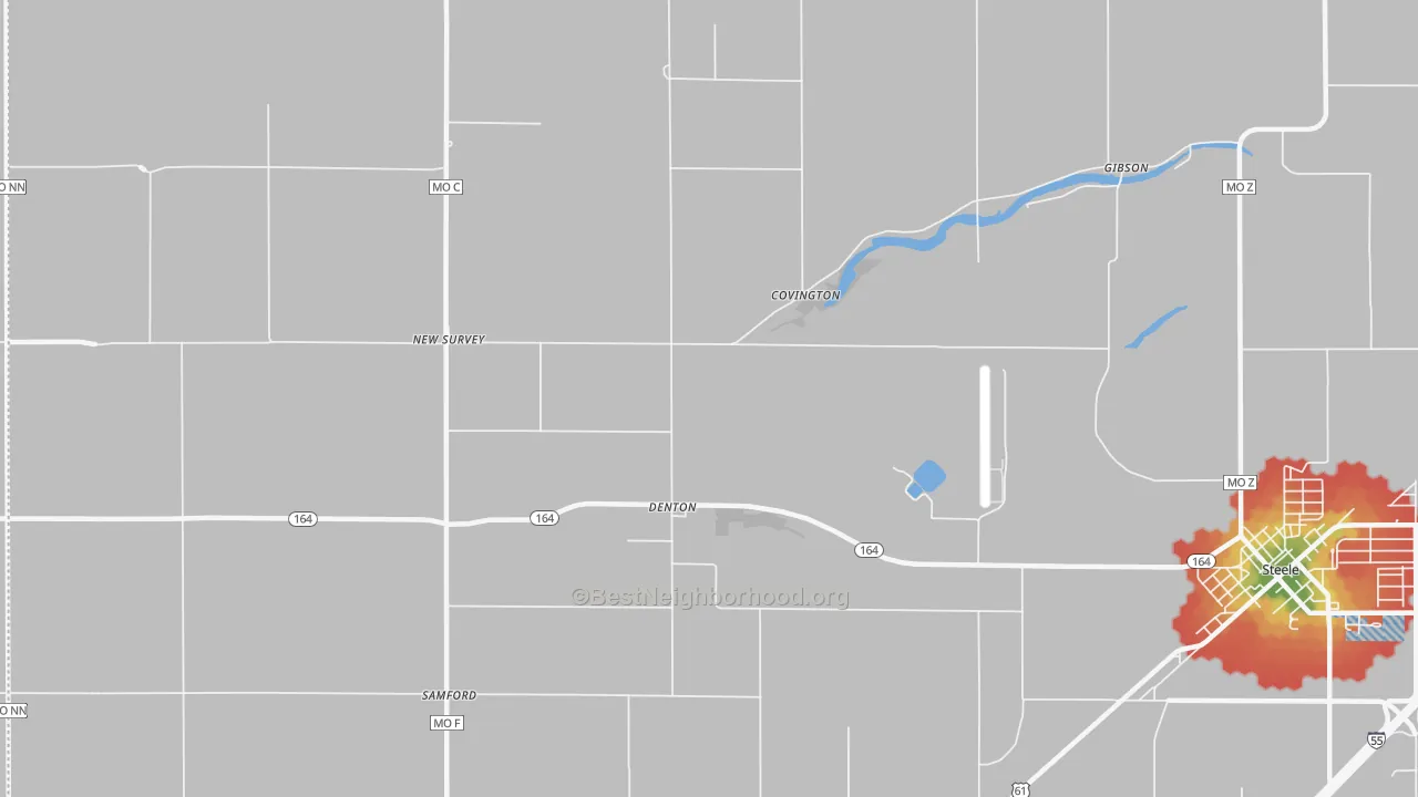 Walk Grade map of Denton, MO, walkable areas in green and car-dependent areas in red