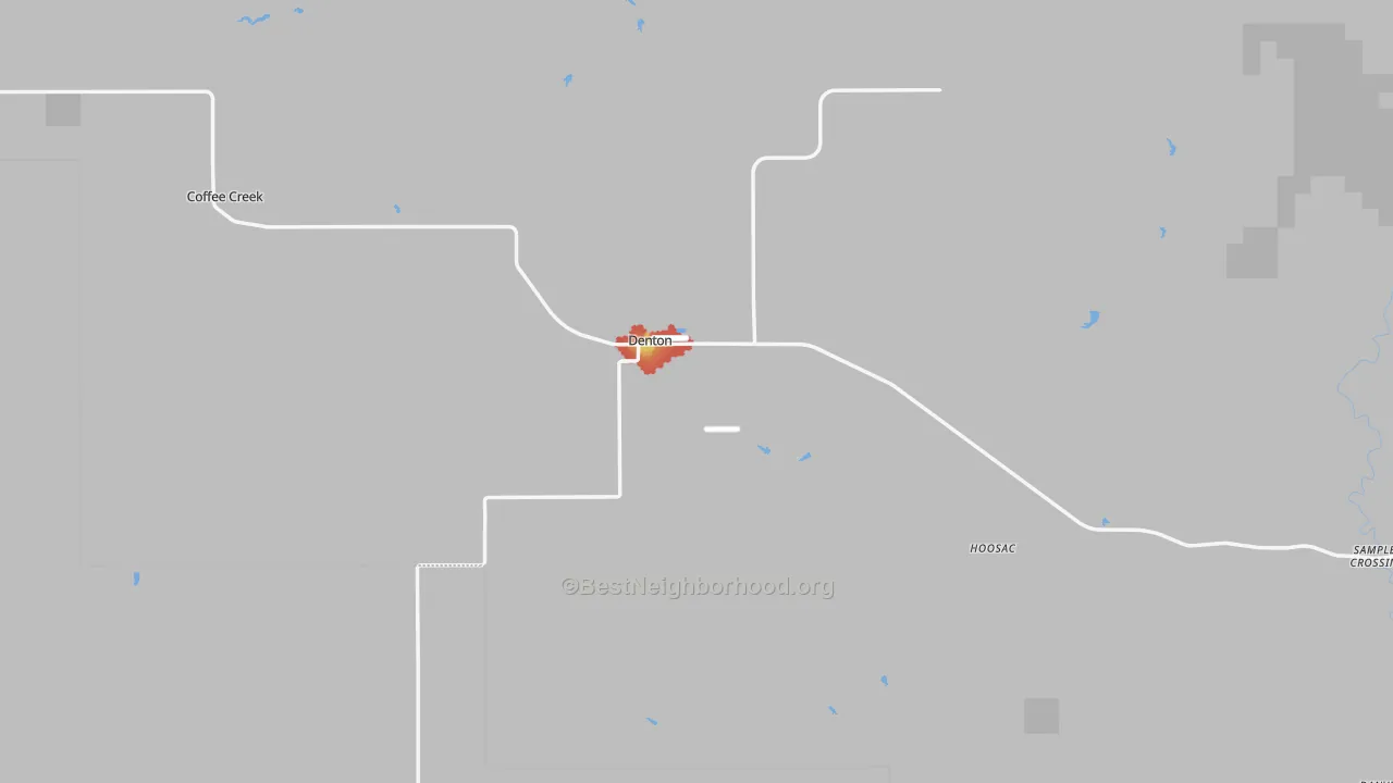 Walk Grade map of Denton, MT, walkable areas in green and car-dependent areas in red