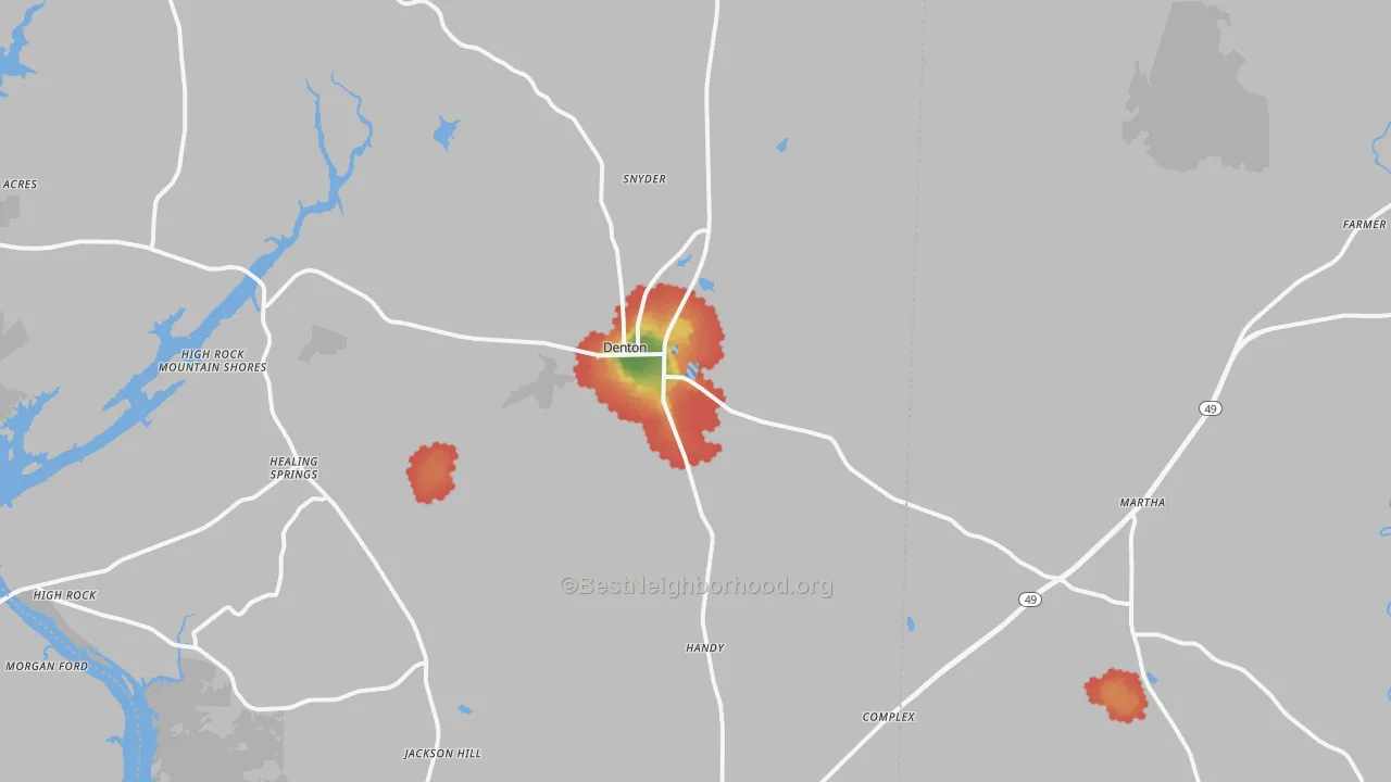 Walk Grade map of Denton, NC, walkable areas in green and car-dependent areas in red
