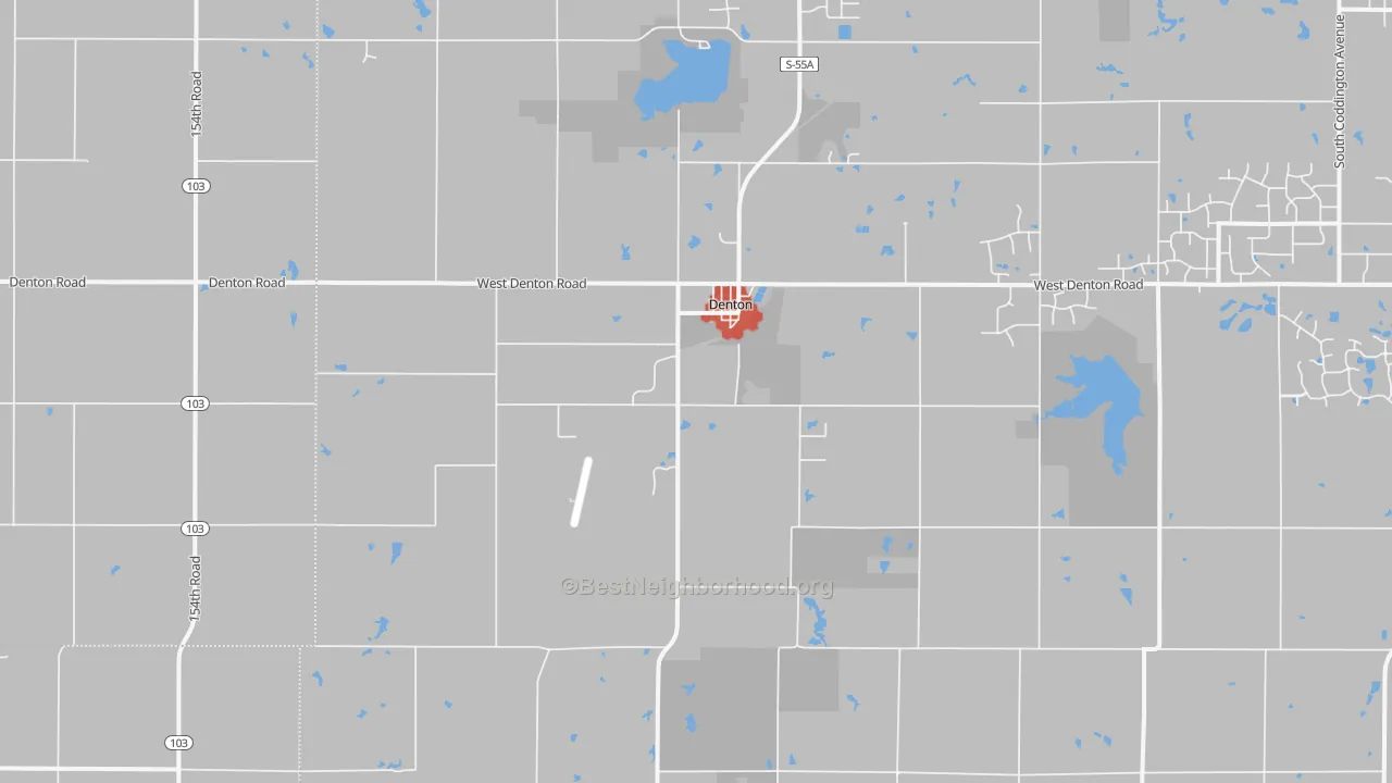 Walk Grade map of Denton, NE, walkable areas in green and car-dependent areas in red