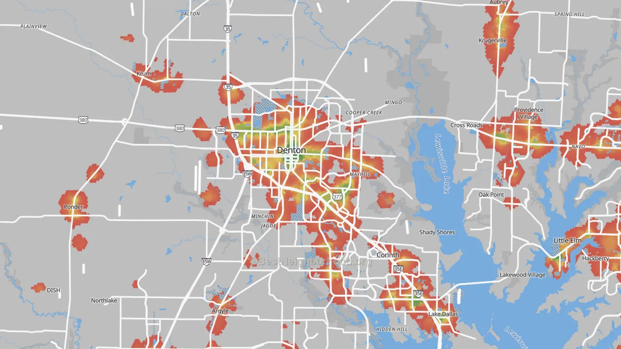 Walk Grade map of Denton, TX, walkable areas in green and car-dependent areas in red