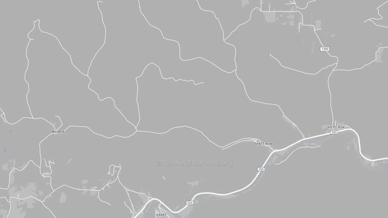 Walk Grade map of Dents Run, PA, walkable areas in green and car-dependent areas in red