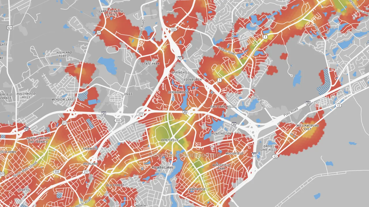 Walk Grade map of Dentsville, SC, walkable areas in green and car-dependent areas in red