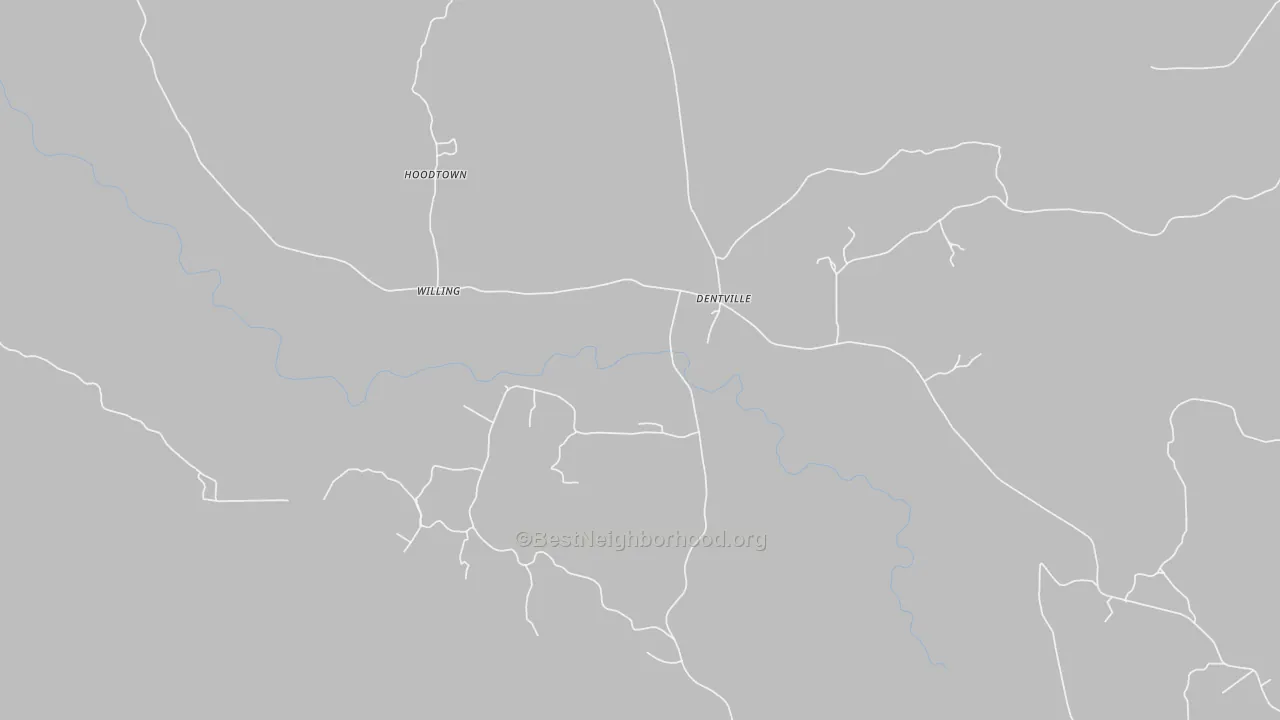 Walk Grade map of Dentville, MS, walkable areas in green and car-dependent areas in red