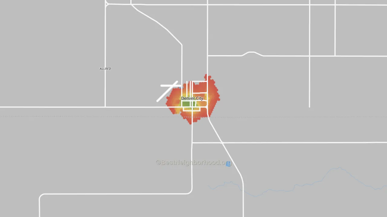 Walk Grade map of Denver City, TX, walkable areas in green and car-dependent areas in red