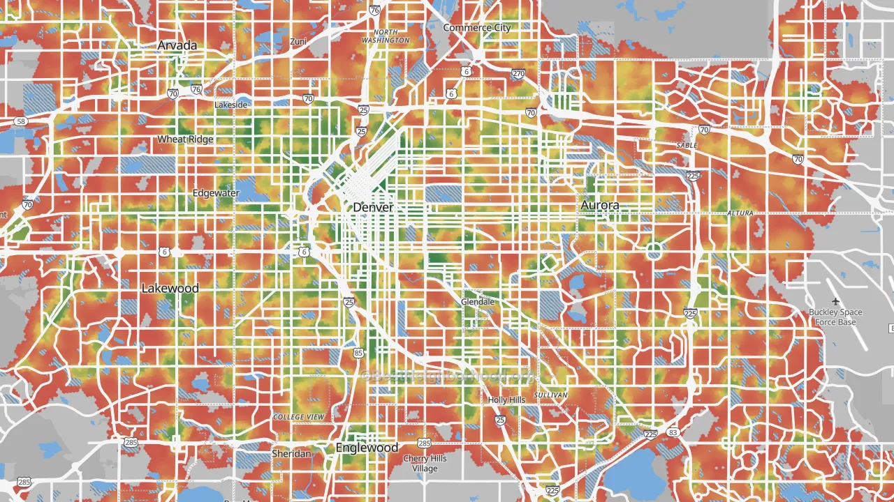 Walk Grade map of Denver, CO, walkable areas in green and car-dependent areas in red