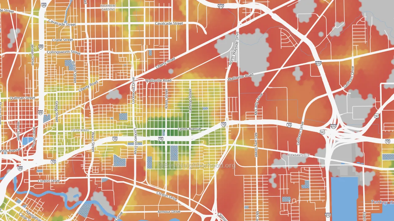 Walk Grade map of Denver Harbor-Port Houston, Houston, TX, walkable areas in green and car-dependent areas in red