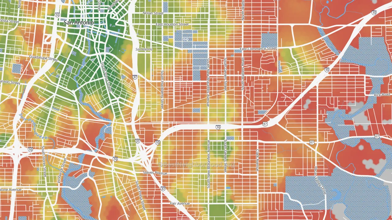 Walk Grade map of Denver Heights, San Antonio, TX, walkable areas in green and car-dependent areas in red