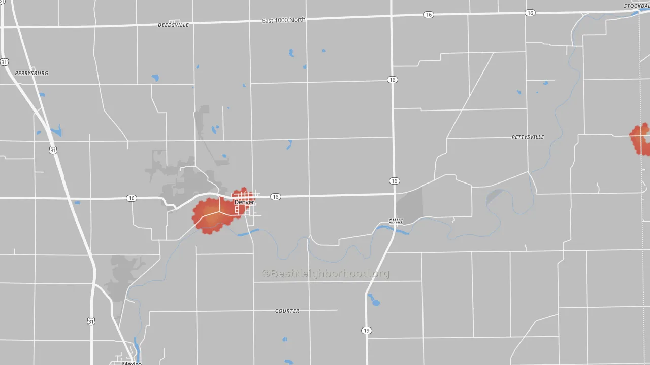 Walk Grade map of Denver, IN, walkable areas in green and car-dependent areas in red