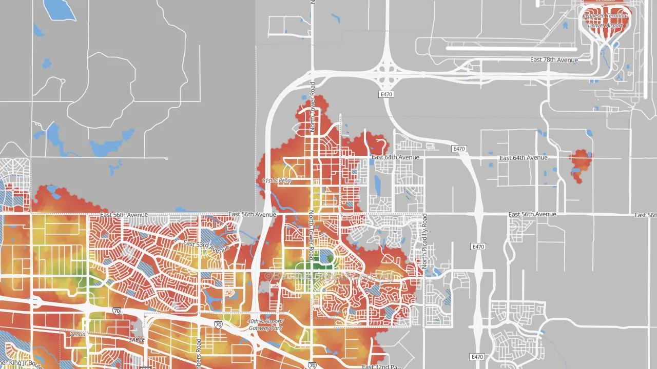 Walk Grade map of Denver International Airport, Denver, CO, walkable areas in green and car-dependent areas in red