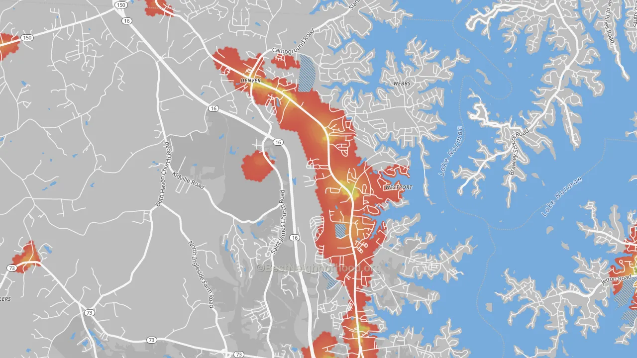 Walk Grade map of Denver, NC, walkable areas in green and car-dependent areas in red