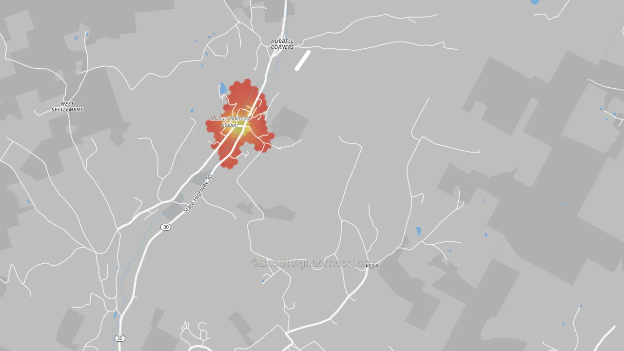 Walk Grade map of Denver, NY, walkable areas in green and car-dependent areas in red