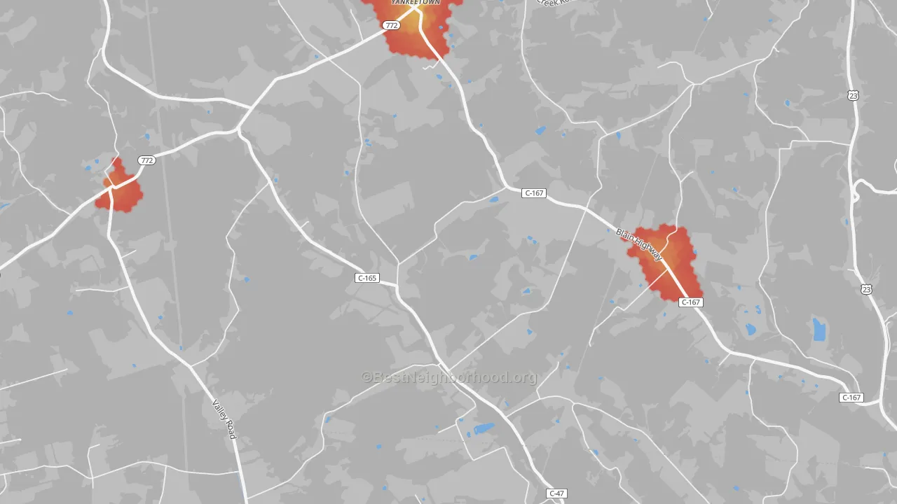 Walk Grade map of Denver, OH, walkable areas in green and car-dependent areas in red