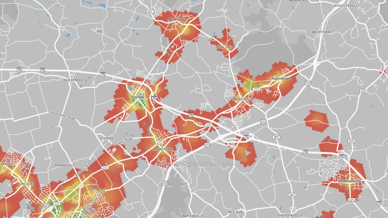 Walk Grade map of Denver, PA, walkable areas in green and car-dependent areas in red