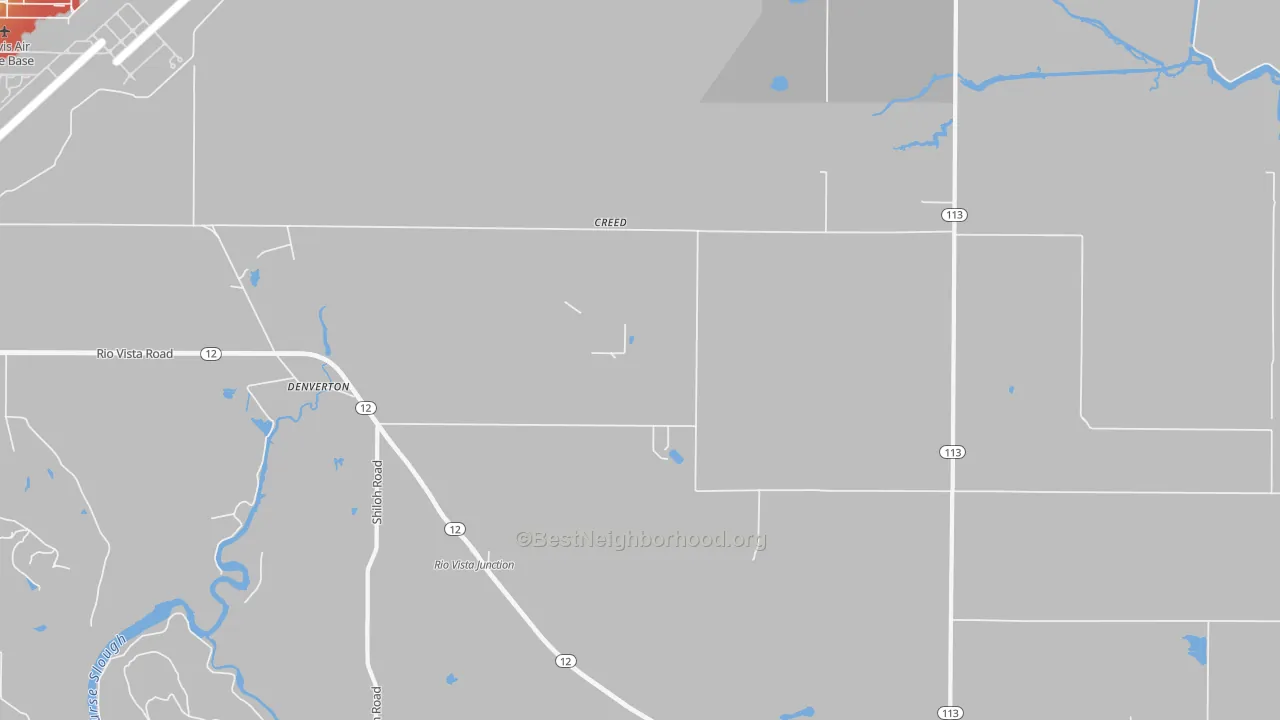 Walk Grade map of Denverton, CA, walkable areas in green and car-dependent areas in red