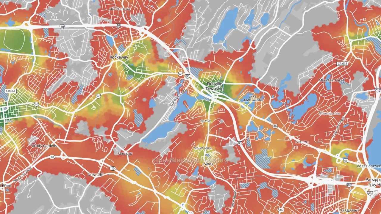 Walk Grade map of Denville, NJ, walkable areas in green and car-dependent areas in red