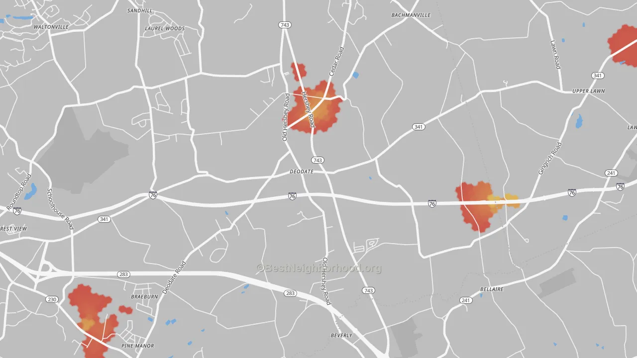 Walk Grade map of Deodate, PA, walkable areas in green and car-dependent areas in red