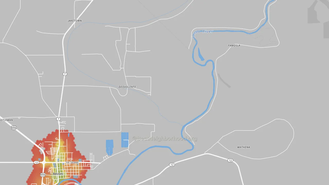 Walk Grade map of Deovolente, MS, walkable areas in green and car-dependent areas in red