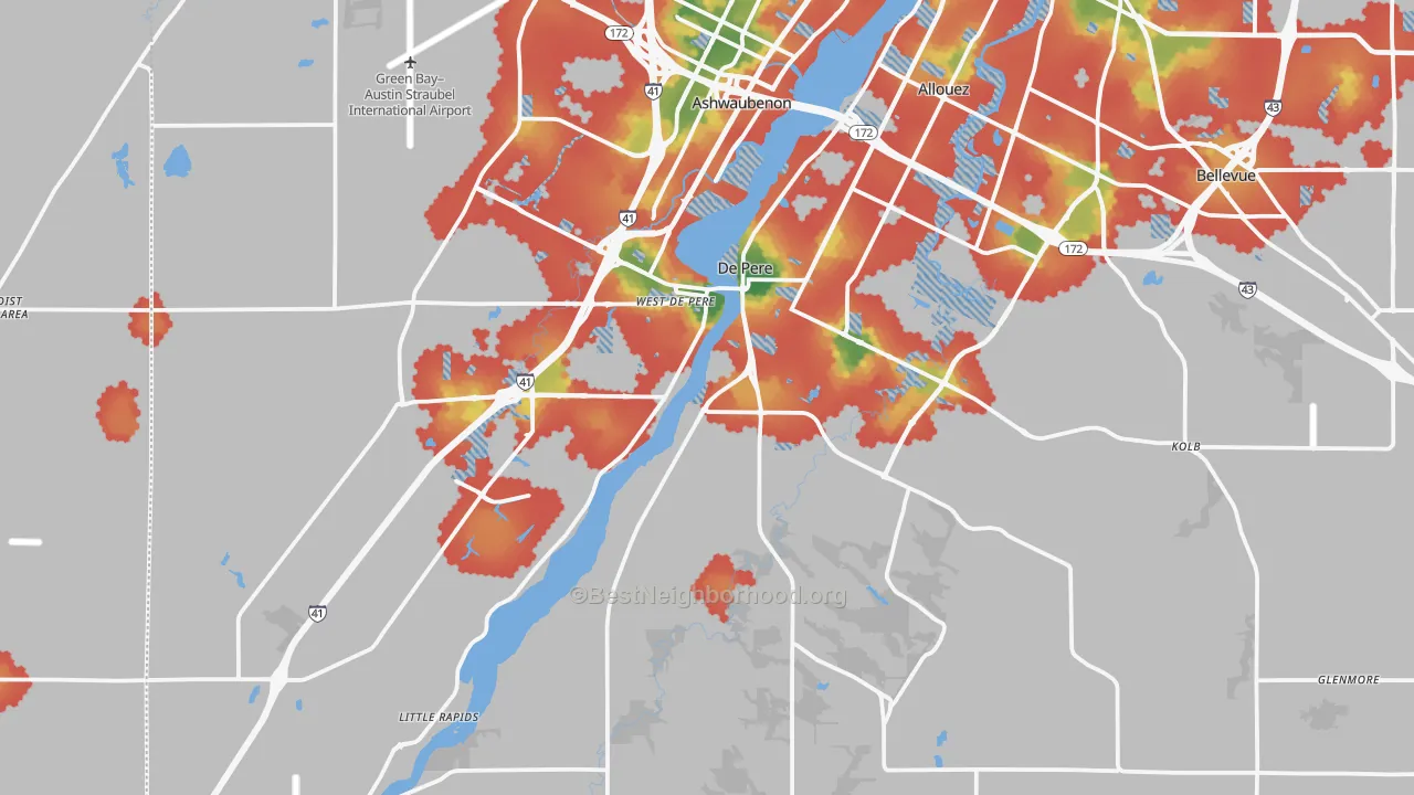 Walk Grade map of DePere, WI, walkable areas in green and car-dependent areas in red