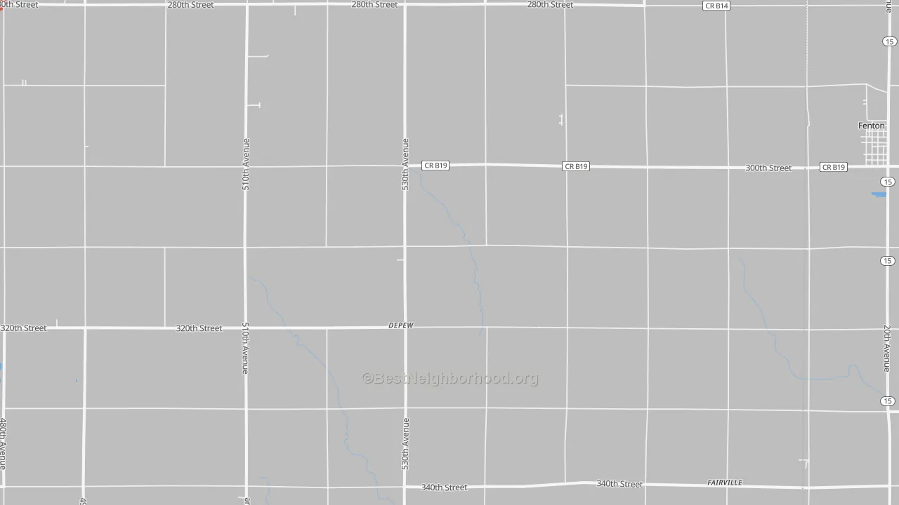 Walk Grade map of DePew, IA, walkable areas in green and car-dependent areas in red