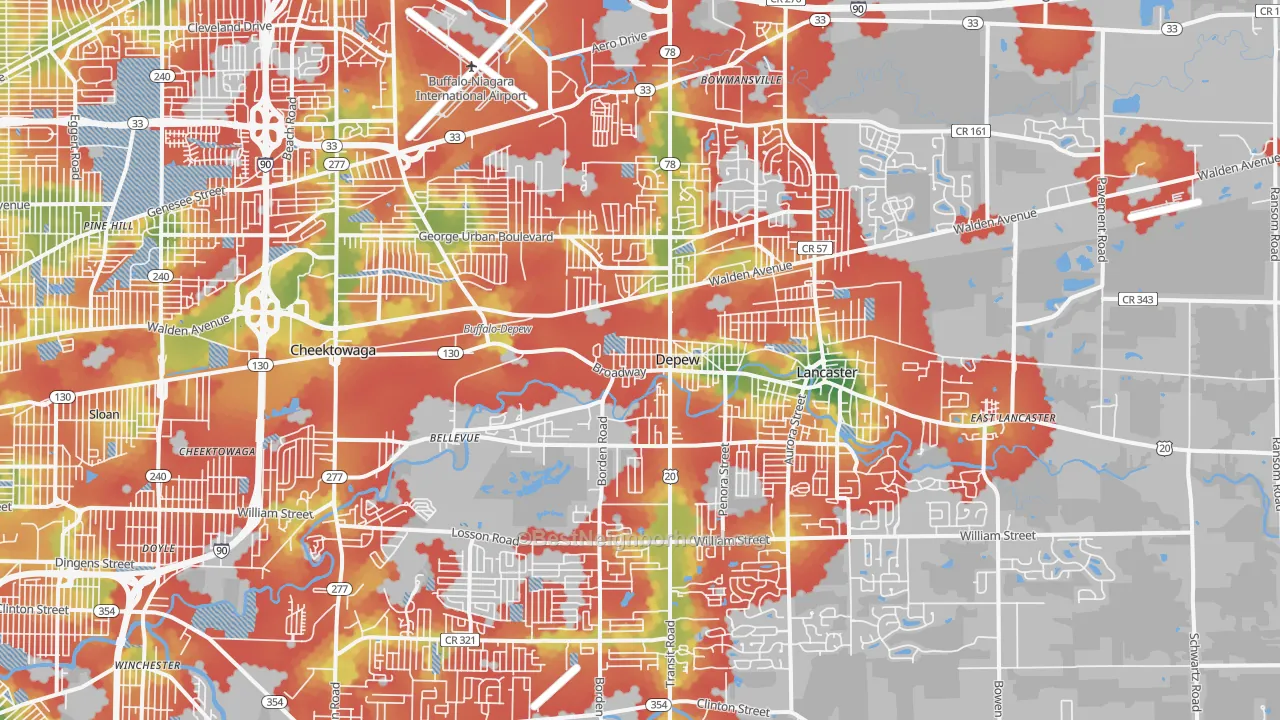 Walk Grade map of DePew, NY, walkable areas in green and car-dependent areas in red