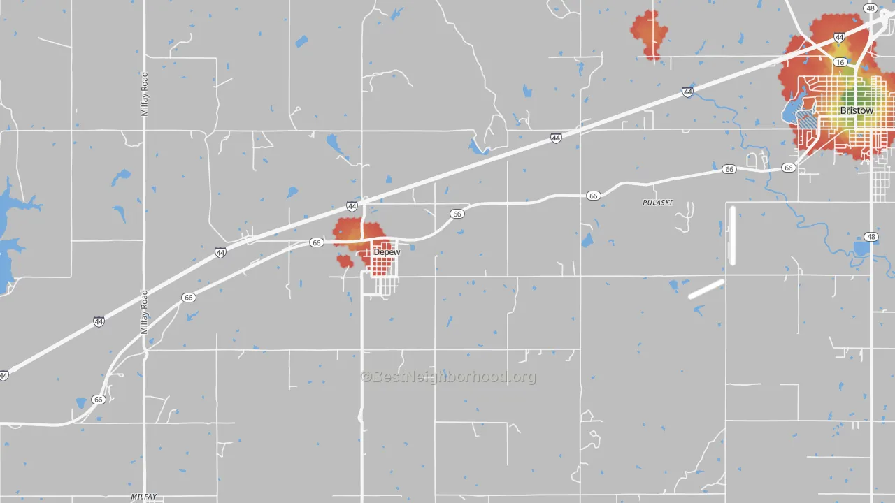 Walk Grade map of DePew, OK, walkable areas in green and car-dependent areas in red