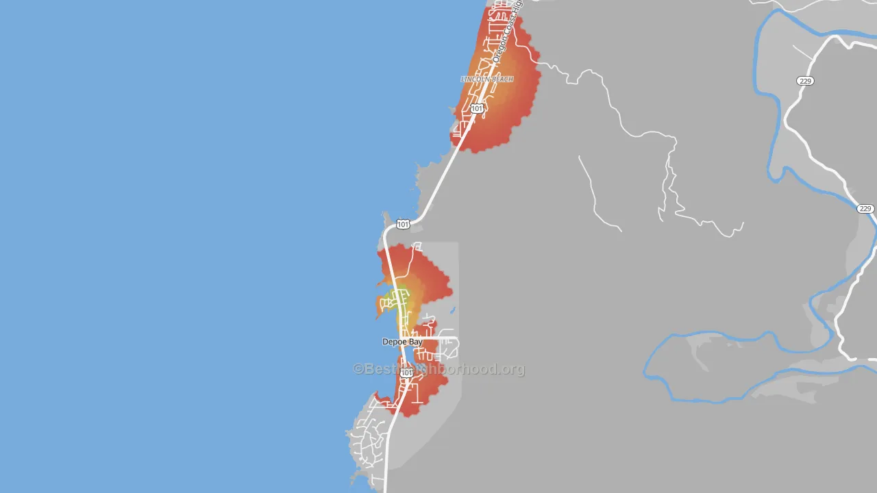 Walk Grade map of Depoe Bay, OR, walkable areas in green and car-dependent areas in red