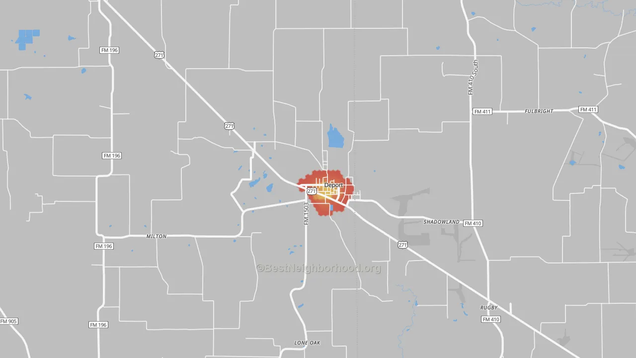 Walk Grade map of Deport, TX, walkable areas in green and car-dependent areas in red