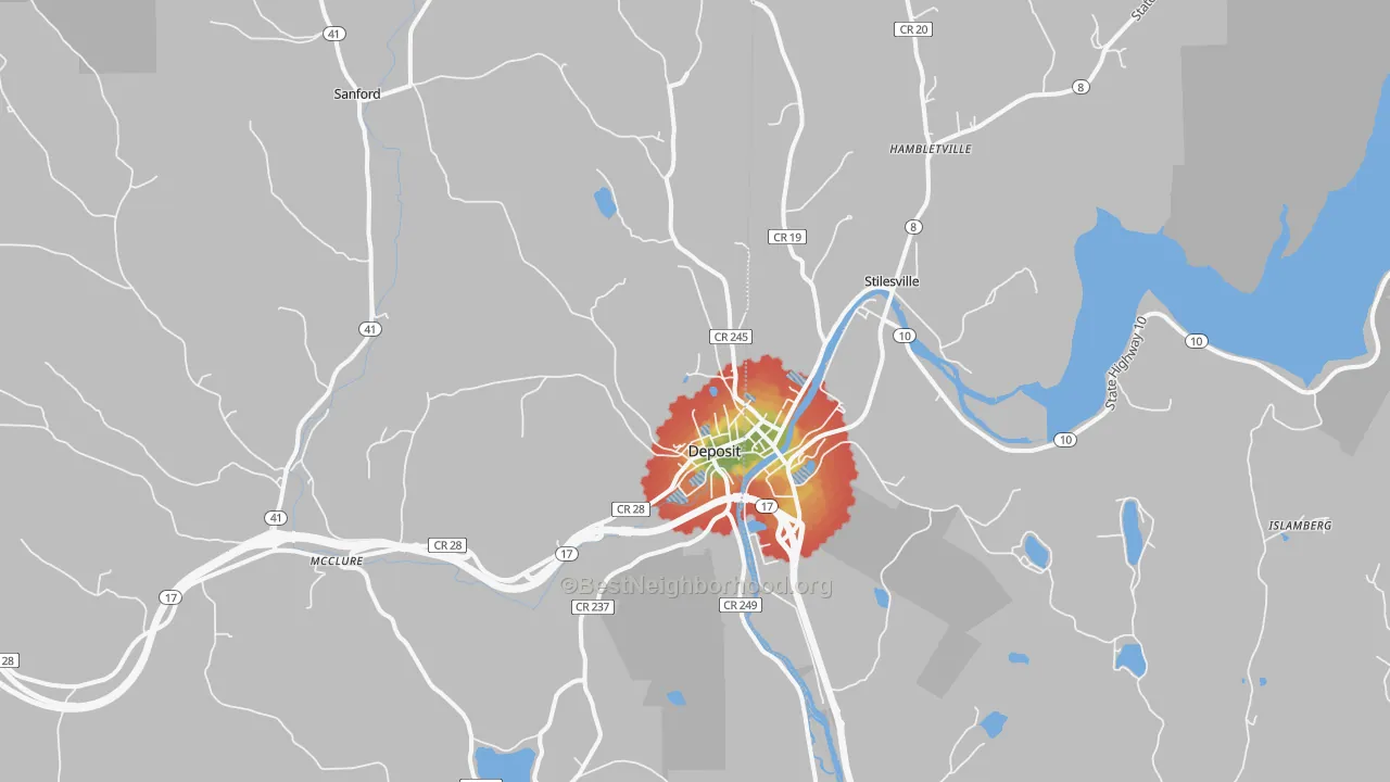 Walk Grade map of Deposit, NY, walkable areas in green and car-dependent areas in red