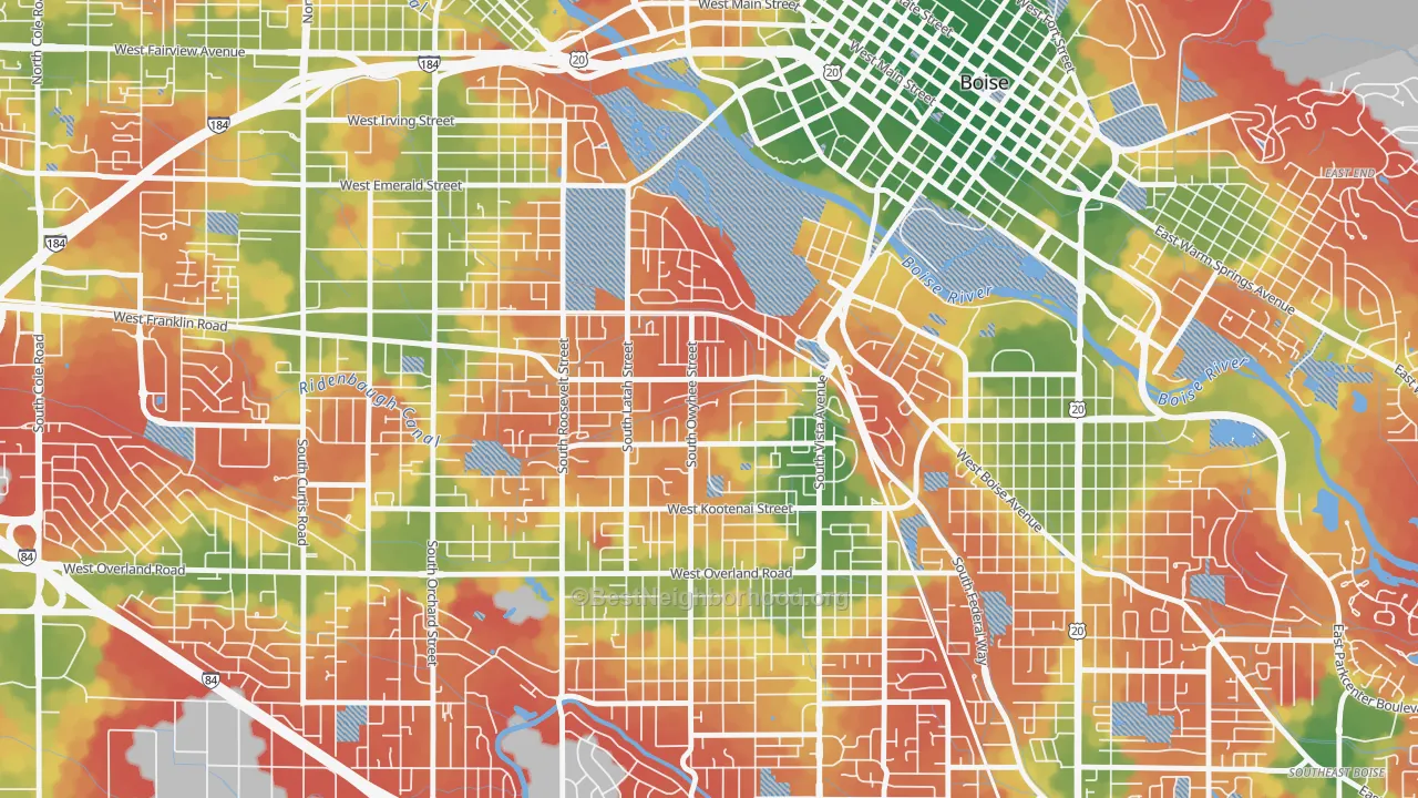 Walk Grade map of Depot Bench, Boise, ID, walkable areas in green and car-dependent areas in red