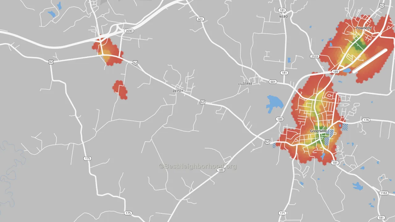 Walk Grade map of Depoy, KY, walkable areas in green and car-dependent areas in red