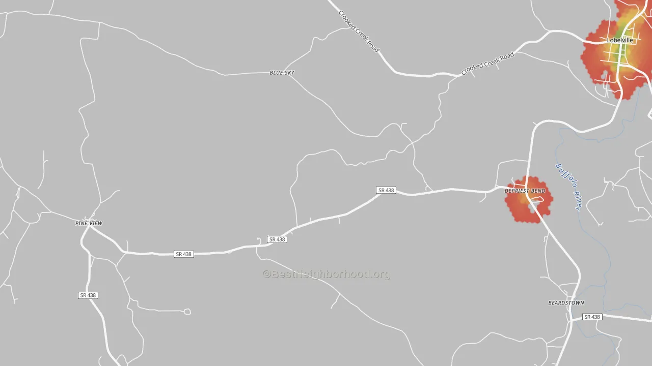 Walk Grade map of DePriest Bend, TN, walkable areas in green and car-dependent areas in red
