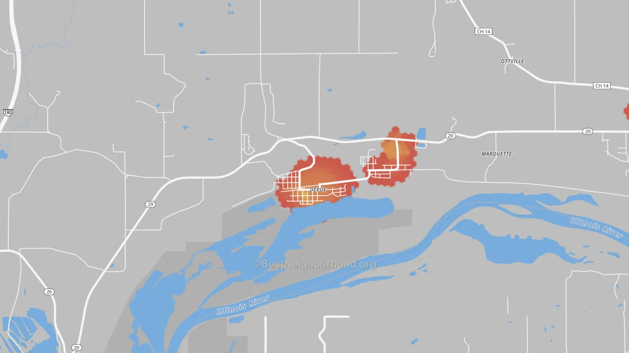 Walk Grade map of DePue, IL, walkable areas in green and car-dependent areas in red