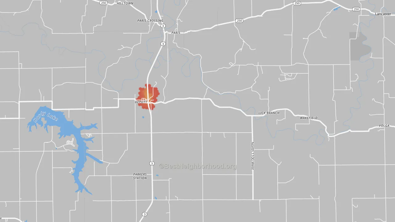 Walk Grade map of Deputy, IN, walkable areas in green and car-dependent areas in red