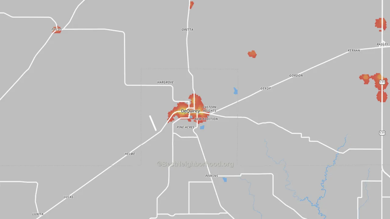 Walk Grade map of Dequincy, LA, walkable areas in green and car-dependent areas in red
