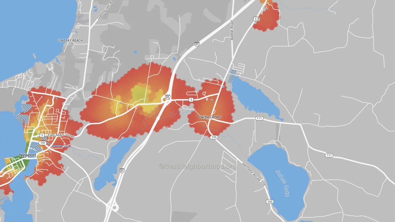 Walk Grade map of Derby Center, VT, walkable areas in green and car-dependent areas in red
